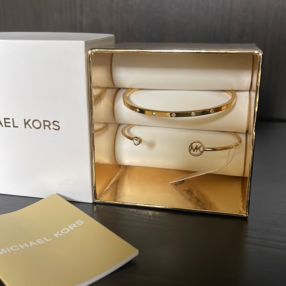 Michael Kors, Two Piece Gold Cuff Bracelet Set with Crystal Details